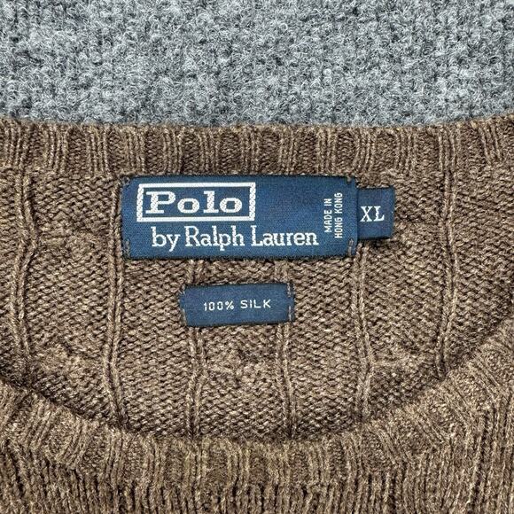 Polo Ralph Lauren 100% Silk Cable Knit Brown Pullover Sweater Mens Size XLarge - Picture 5 of 10